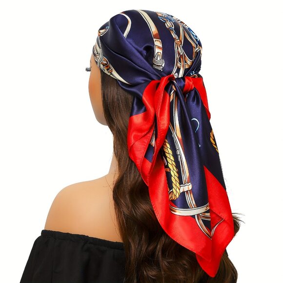 Red Chain-Print Boho Square Scarf – 35.4” Polyester Decorative Wrap - Picture 4 of 6